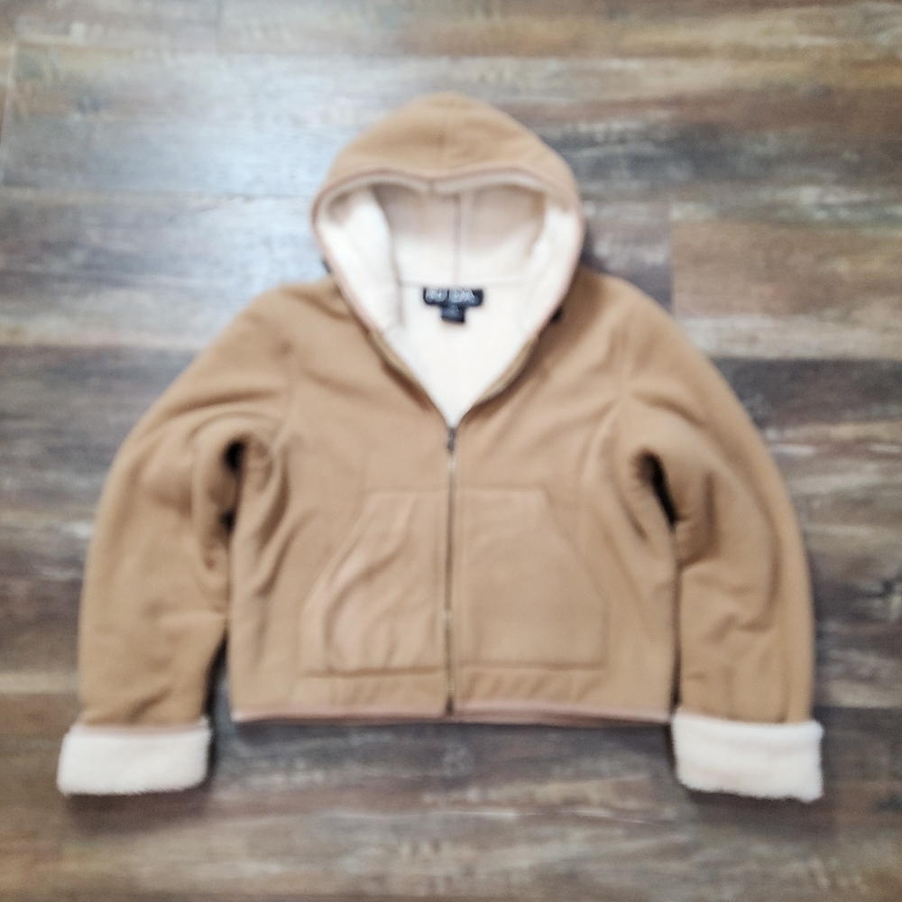 VINTAGE FUDA New York CAMEL COLOR FLEECE SHERPA LINED HOODED JACKET SIZE MEDIUM